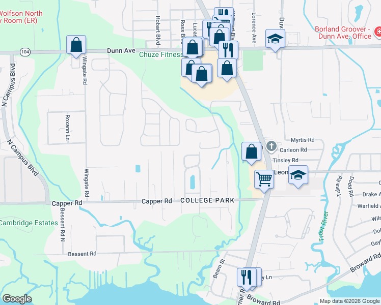 map of restaurants, bars, coffee shops, grocery stores, and more near 10715 Meadowlea Drive in Jacksonville