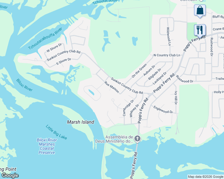 map of restaurants, bars, coffee shops, grocery stores, and more near 2325 Rue Maison in Biloxi