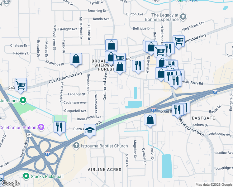 map of restaurants, bars, coffee shops, grocery stores, and more near 2310 Aubin Lane in Baton Rouge