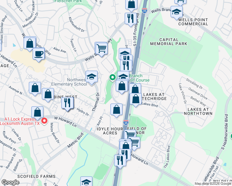map of restaurants, bars, coffee shops, grocery stores, and more near 14011 Owen-Tech Boulevard in Austin