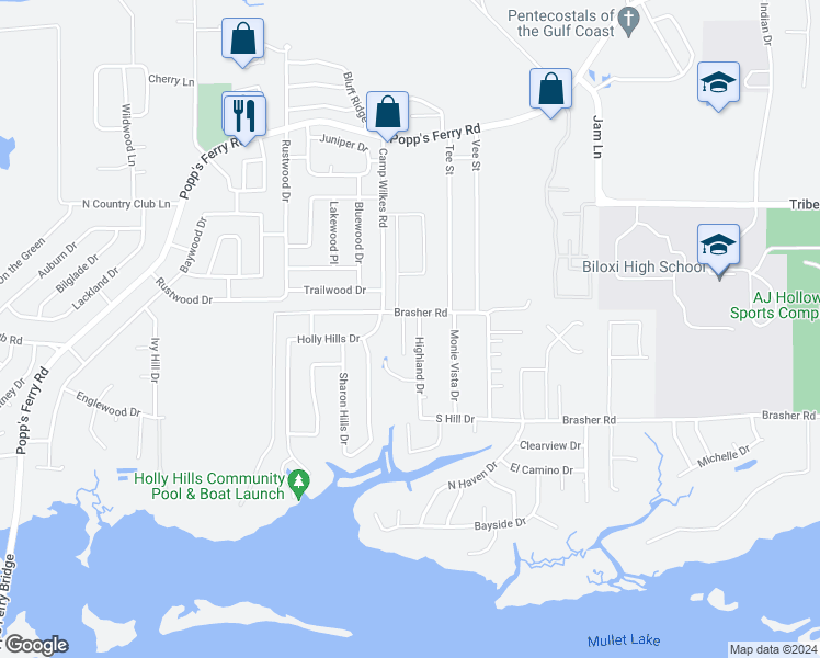 map of restaurants, bars, coffee shops, grocery stores, and more near 781 Highland Drive in Biloxi