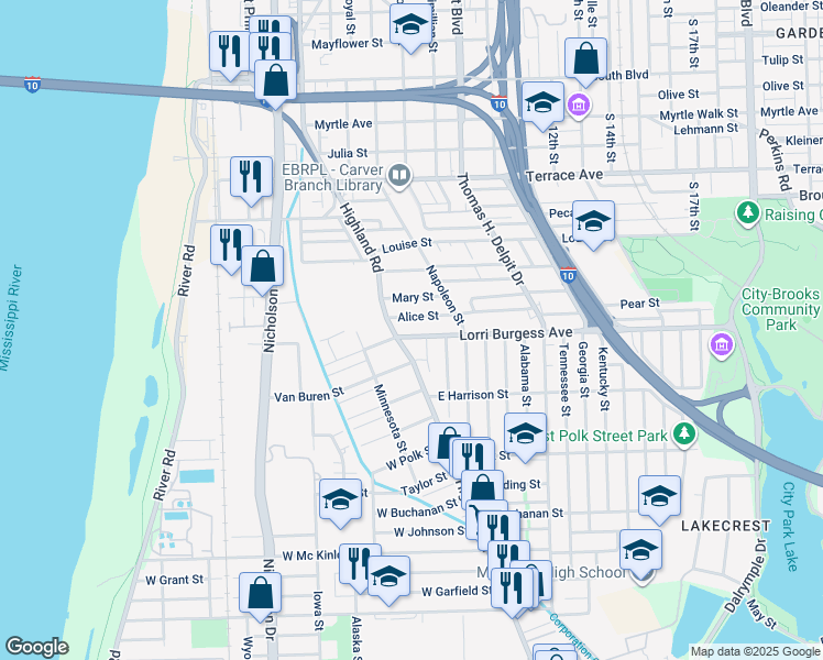 map of restaurants, bars, coffee shops, grocery stores, and more near 1841 Highland Road in Baton Rouge