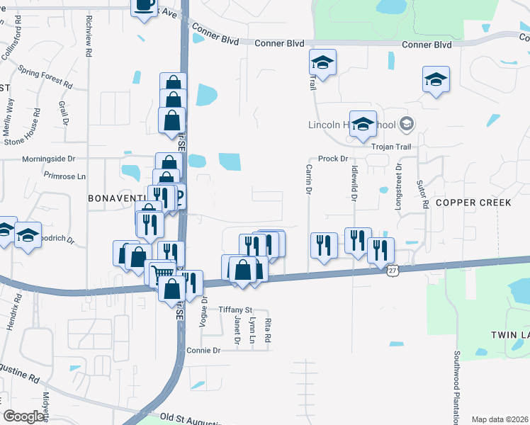 map of restaurants, bars, coffee shops, grocery stores, and more near 3206 Maxwell Street in Tallahassee
