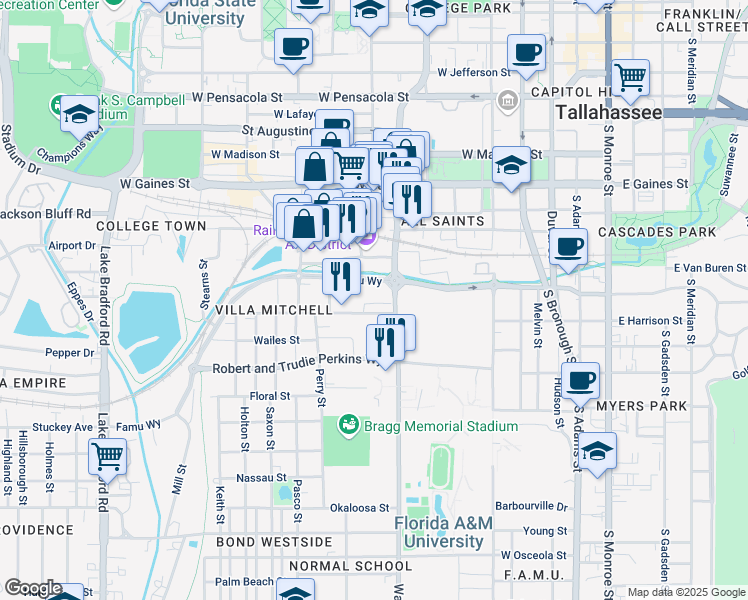 map of restaurants, bars, coffee shops, grocery stores, and more near in Tallahassee