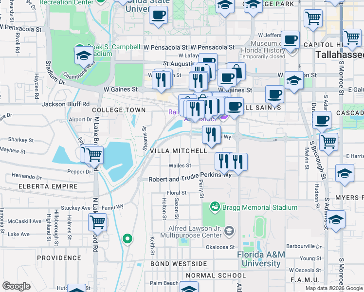 map of restaurants, bars, coffee shops, grocery stores, and more near 1304 Pinellas Street in Tallahassee