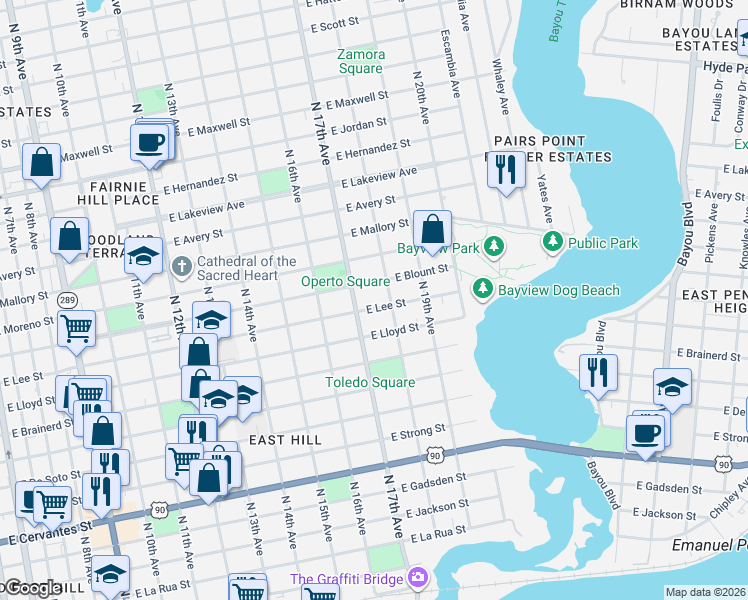 map of restaurants, bars, coffee shops, grocery stores, and more near 1325 North 17th Avenue in Pensacola