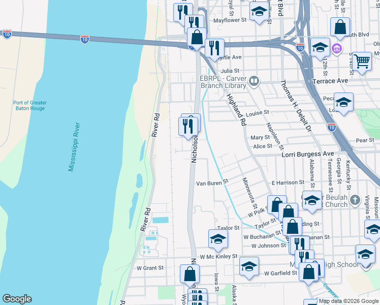 map of restaurants, bars, coffee shops, grocery stores, and more near in Baton Rouge