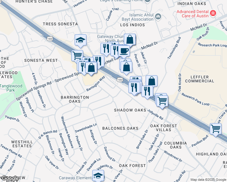 map of restaurants, bars, coffee shops, grocery stores, and more near 12001 Commonwealth Way in Austin
