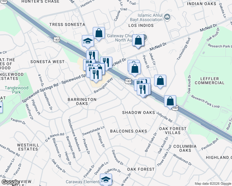 map of restaurants, bars, coffee shops, grocery stores, and more near 11904 Knights Bridge in Austin
