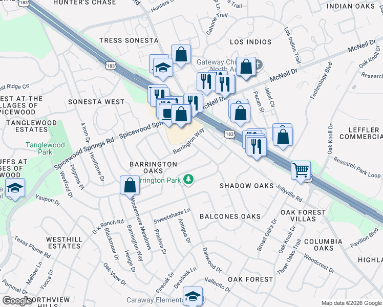 map of restaurants, bars, coffee shops, grocery stores, and more near 11813 Buckingham Road in Austin