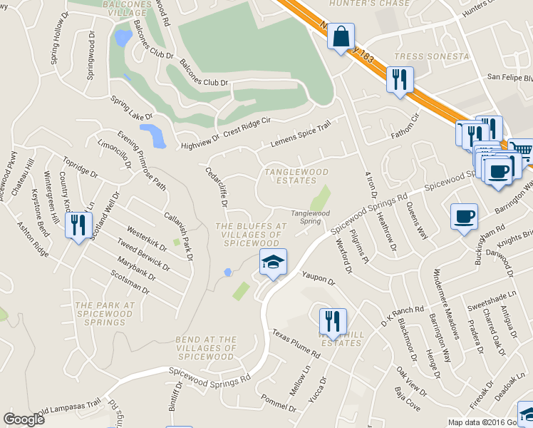 map of restaurants, bars, coffee shops, grocery stores, and more near 11305 Chessington Drive in Austin