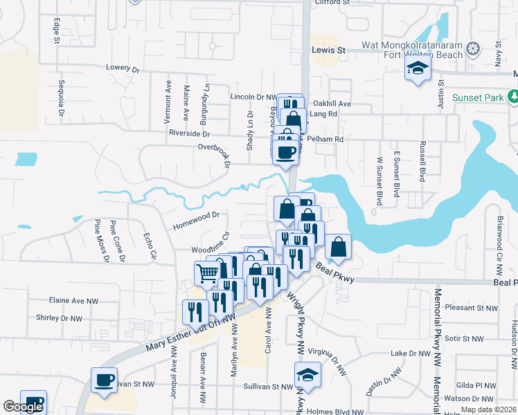 map of restaurants, bars, coffee shops, grocery stores, and more near 1862 Norwood Court in Fort Walton Beach