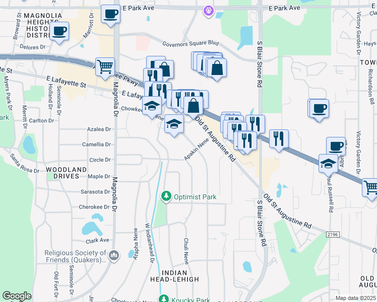 map of restaurants, bars, coffee shops, grocery stores, and more near 1614 Apakin Nene in Tallahassee