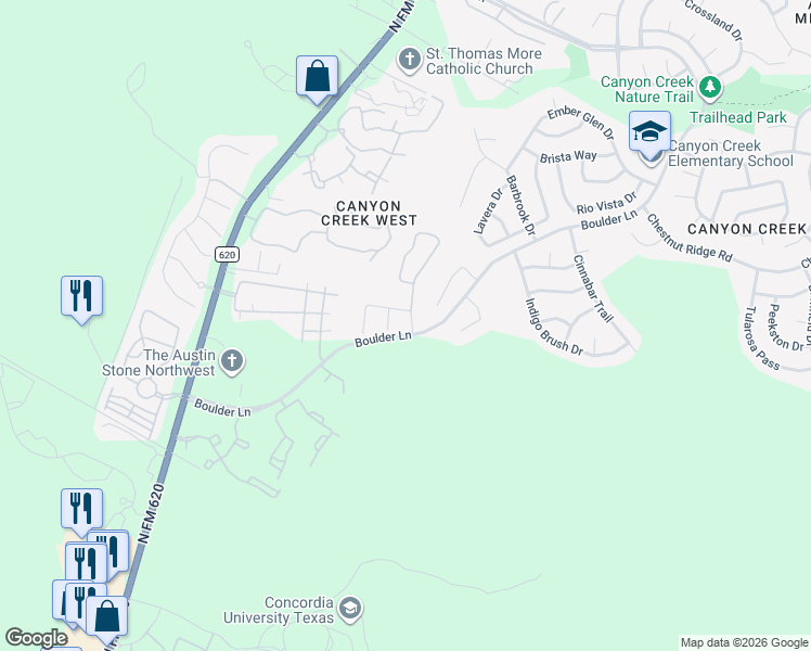 map of restaurants, bars, coffee shops, grocery stores, and more near 3405 Epic Court in Austin