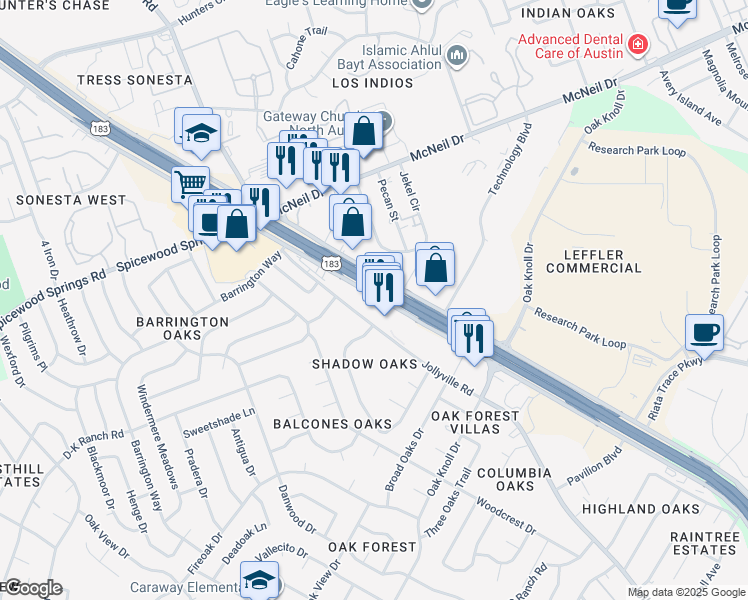 map of restaurants, bars, coffee shops, grocery stores, and more near 12636 Research Boulevard in Austin