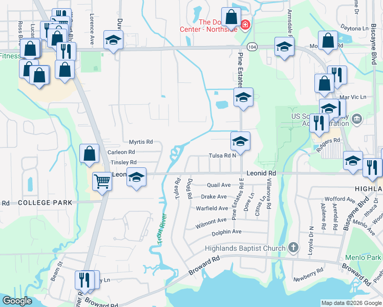 map of restaurants, bars, coffee shops, grocery stores, and more near 2623 Tulsa Road North in Jacksonville