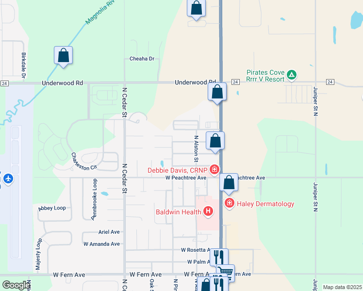 map of restaurants, bars, coffee shops, grocery stores, and more near 219 West Birch Avenue in Foley