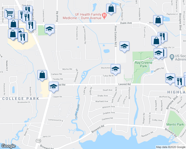 map of restaurants, bars, coffee shops, grocery stores, and more near 2623 Tulsa Road North in Jacksonville