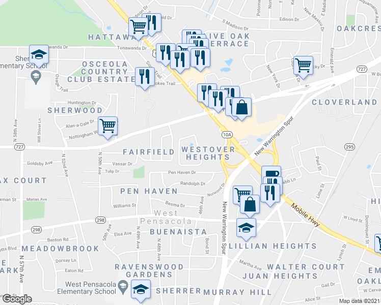 map of restaurants, bars, coffee shops, grocery stores, and more near 4400 Westover Avenue in Pensacola
