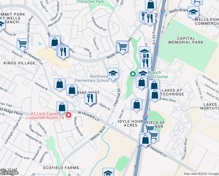 map of restaurants, bars, coffee shops, grocery stores, and more near 14014 Thermal Drive in Austin