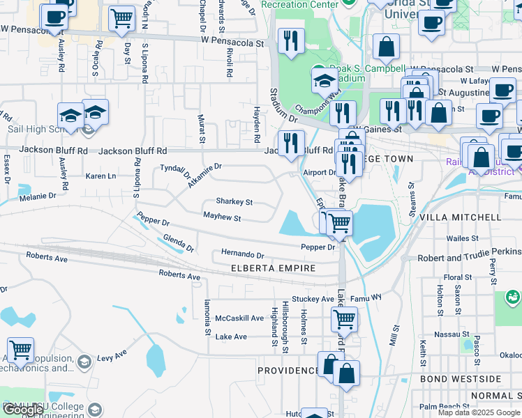map of restaurants, bars, coffee shops, grocery stores, and more near 1622 Sharkey Street in Tallahassee