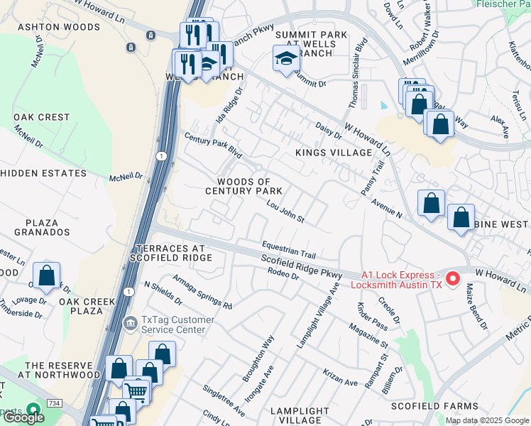 map of restaurants, bars, coffee shops, grocery stores, and more near 13509 Anarosa Loop in Austin