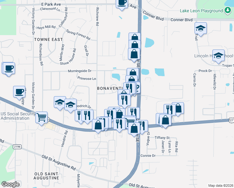 map of restaurants, bars, coffee shops, grocery stores, and more near 3059 Camelliawood Circle East in Tallahassee