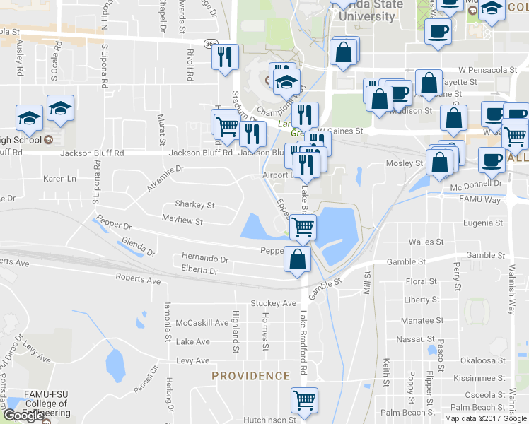 map of restaurants, bars, coffee shops, grocery stores, and more near 1307 Airport Drive in Tallahassee