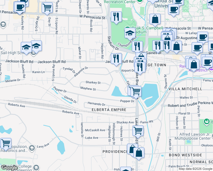 map of restaurants, bars, coffee shops, grocery stores, and more near 1622 Sharkey Street in Tallahassee