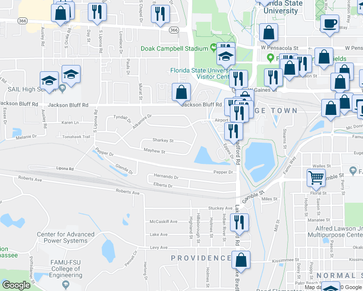 map of restaurants, bars, coffee shops, grocery stores, and more near 1622 Sharkey Street in Tallahassee