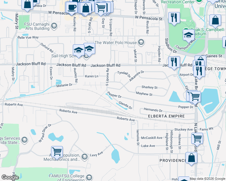map of restaurants, bars, coffee shops, grocery stores, and more near 1813 Mayhew Street in Tallahassee