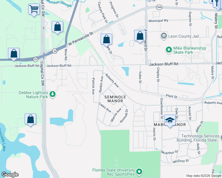 map of restaurants, bars, coffee shops, grocery stores, and more near 1518 Brook Street in Tallahassee