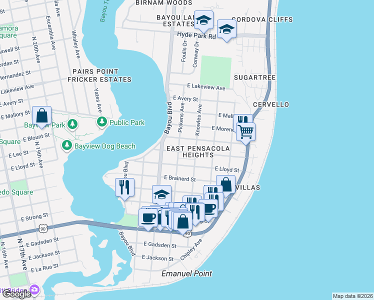 map of restaurants, bars, coffee shops, grocery stores, and more near 2907 East Blount Street in Pensacola