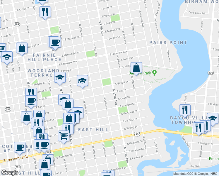 map of restaurants, bars, coffee shops, grocery stores, and more near 1700 East Blount Street in Pensacola