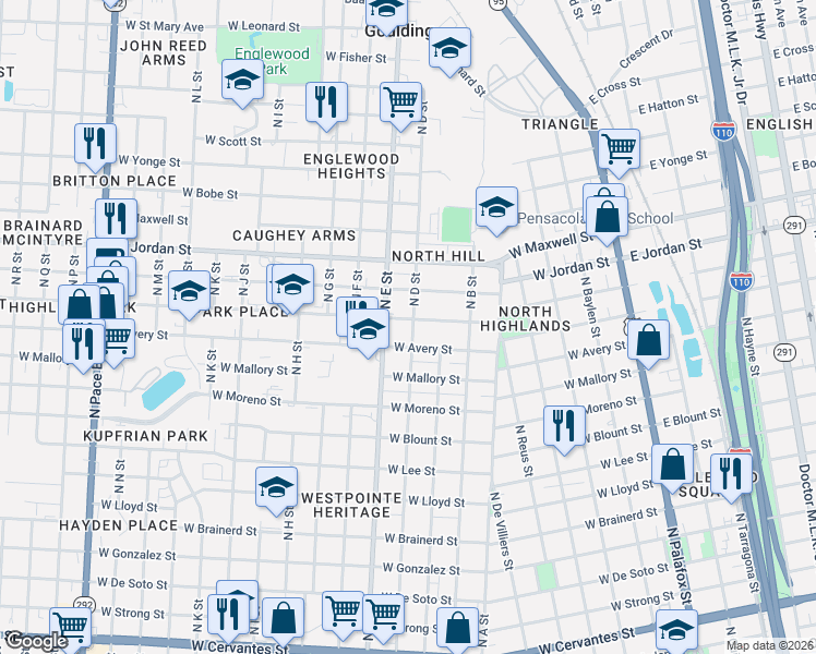 map of restaurants, bars, coffee shops, grocery stores, and more near 780 West Lakeview Avenue in Pensacola
