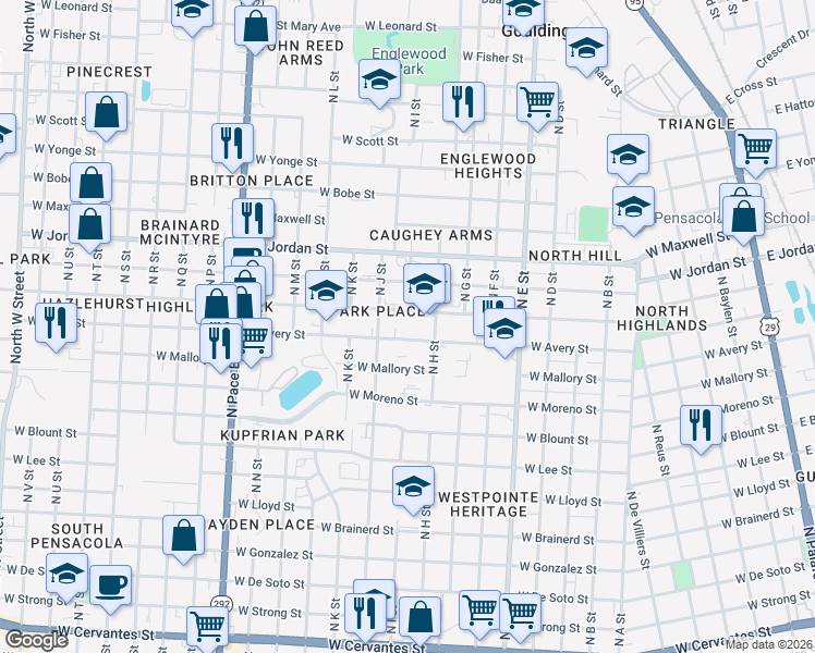 map of restaurants, bars, coffee shops, grocery stores, and more near 1801-1899 N I St in Pensacola