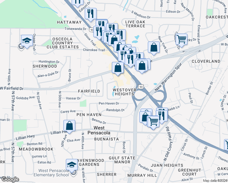 map of restaurants, bars, coffee shops, grocery stores, and more near 5 Westover Avenue in Pensacola