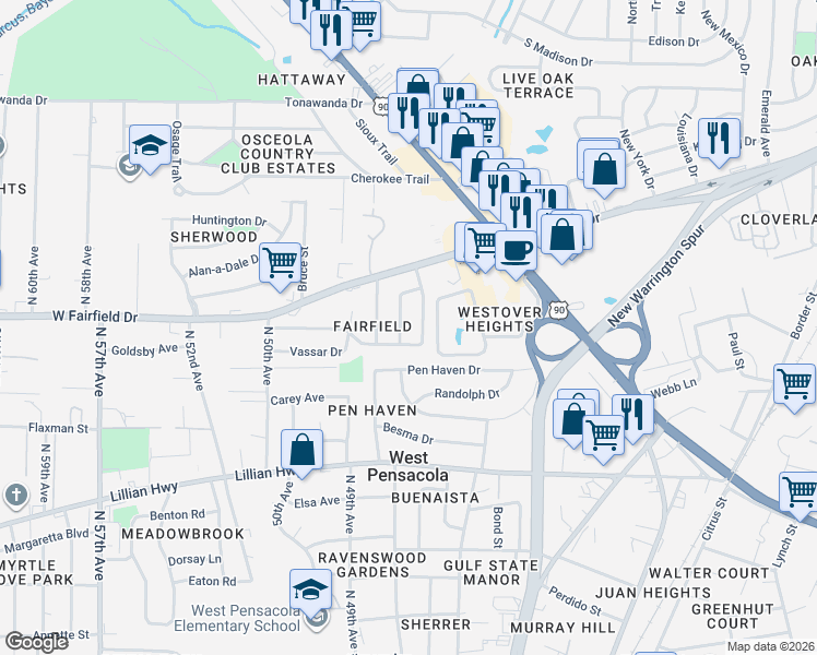 map of restaurants, bars, coffee shops, grocery stores, and more near 120 Vanderbilt Road in Pensacola