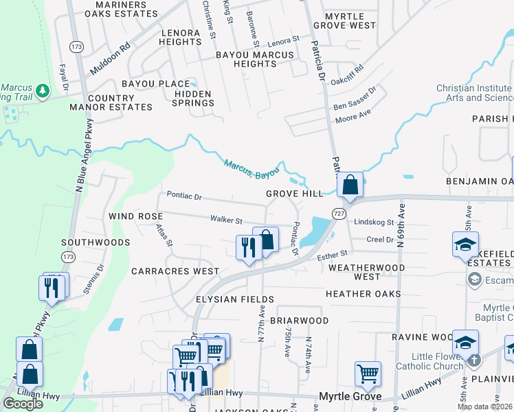 map of restaurants, bars, coffee shops, grocery stores, and more near 77TH Bond Street in Pensacola
