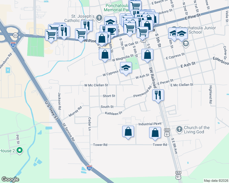 map of restaurants, bars, coffee shops, grocery stores, and more near 441 West Mc Clellan Street in Ponchatoula