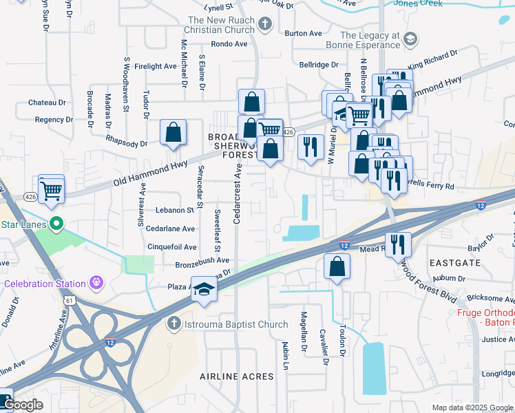 map of restaurants, bars, coffee shops, grocery stores, and more near 2080 Aubin Lane in Baton Rouge