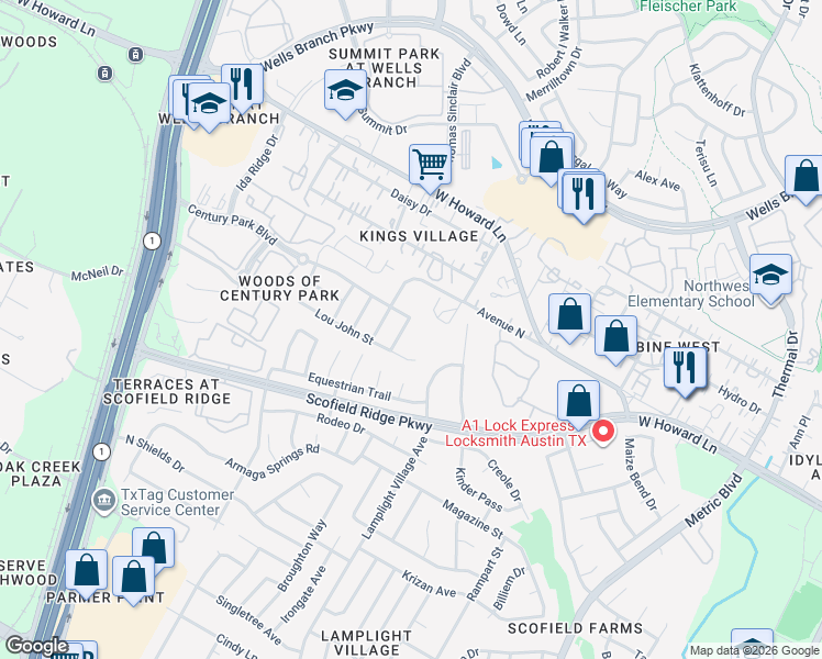map of restaurants, bars, coffee shops, grocery stores, and more near 2308 Century Park Boulevard in Austin