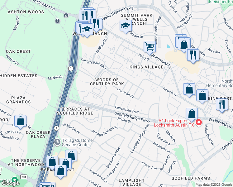 map of restaurants, bars, coffee shops, grocery stores, and more near 2612 Lou John Street in Austin