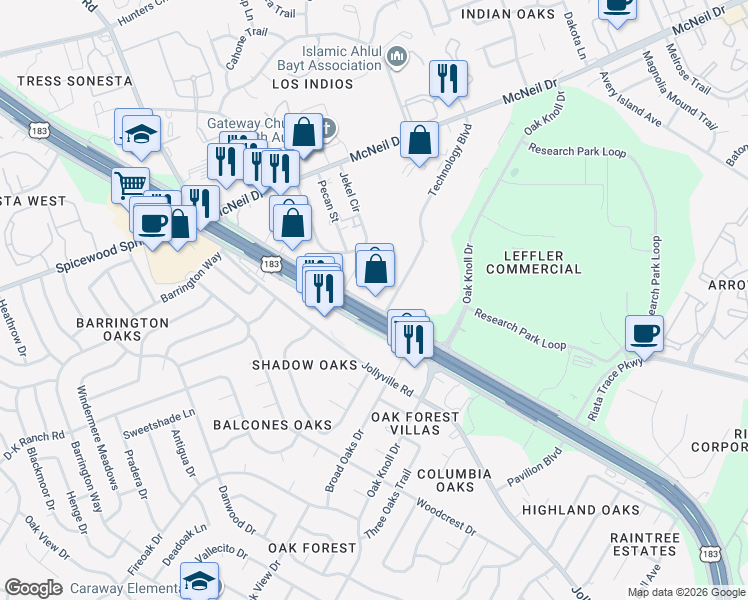 map of restaurants, bars, coffee shops, grocery stores, and more near 12593 Research Boulevard in Austin