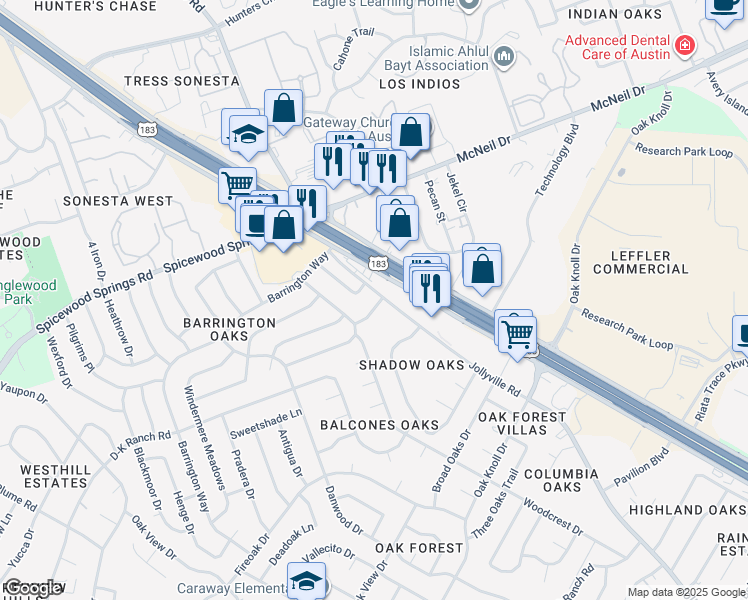 map of restaurants, bars, coffee shops, grocery stores, and more near 12730 Research Boulevard in Austin