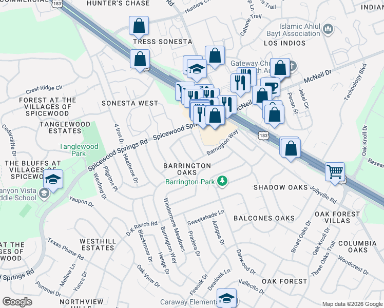 map of restaurants, bars, coffee shops, grocery stores, and more near 8002 Downing Street in Austin