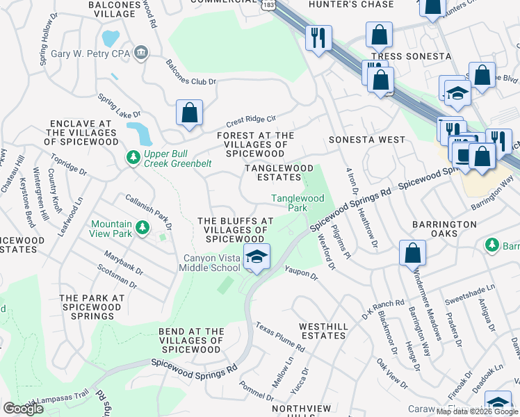 map of restaurants, bars, coffee shops, grocery stores, and more near 11447 Rustic Rock Drive in Austin