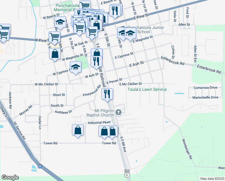 map of restaurants, bars, coffee shops, grocery stores, and more near 150 East Pecan Street in Ponchatoula