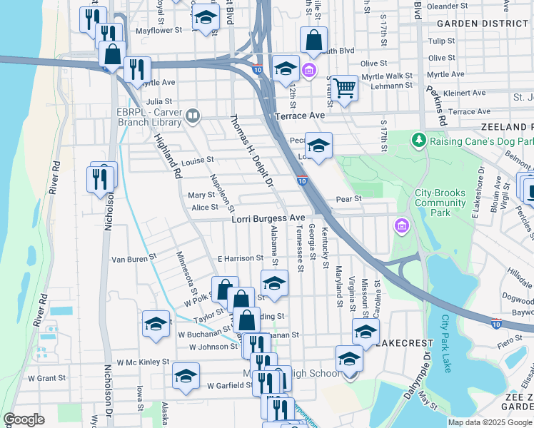 map of restaurants, bars, coffee shops, grocery stores, and more near 1722 Thomas H. Delpit Drive in Baton Rouge