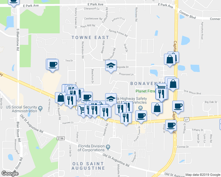 map of restaurants, bars, coffee shops, grocery stores, and more near 1248 Cross Creek Circle in Tallahassee